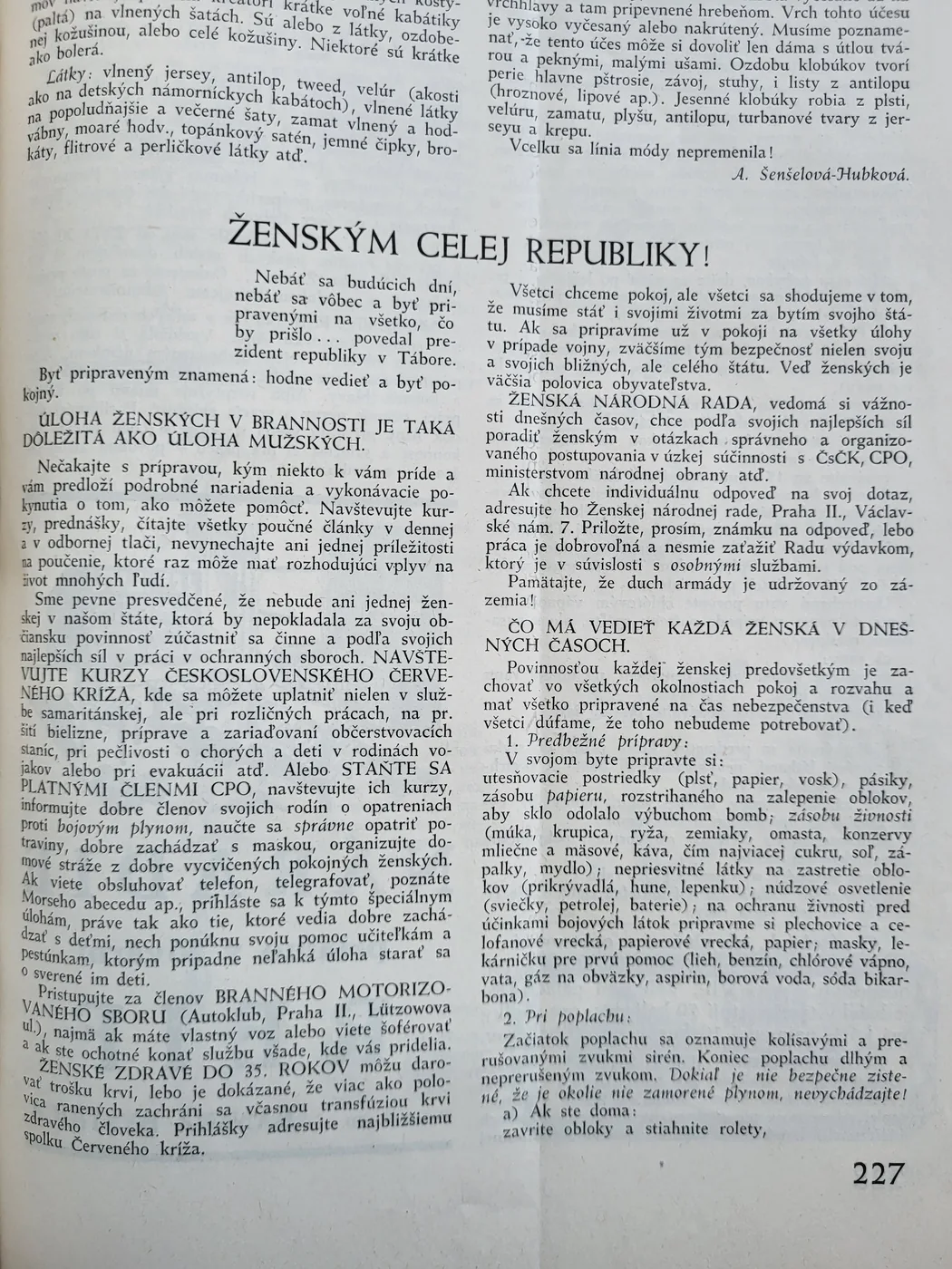Article Women's Role in National Defence, Živena 1938, part I.