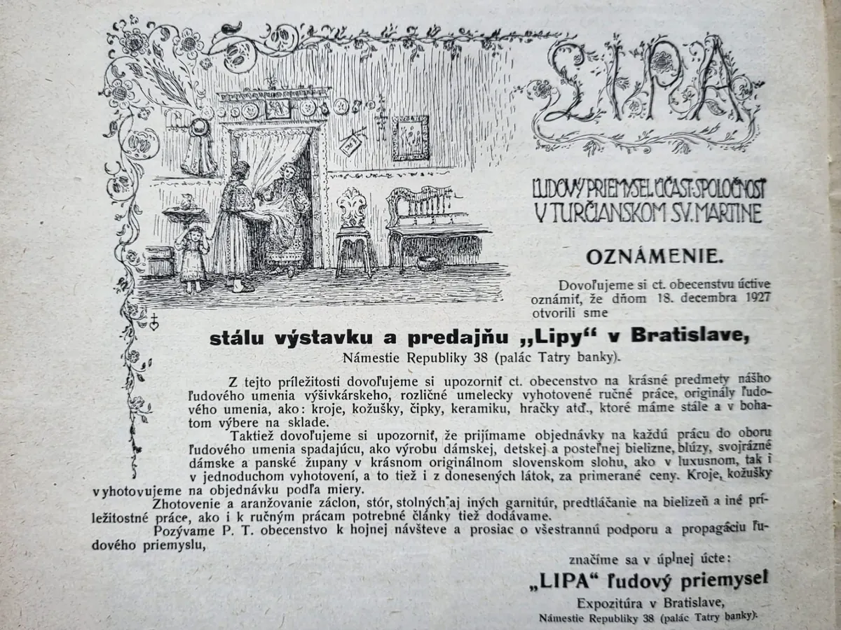 Oznámenie o otvorení stálej výstavky a predajne Lipy v Bratislave, Námestie Republiky 38 — Živena, 1928